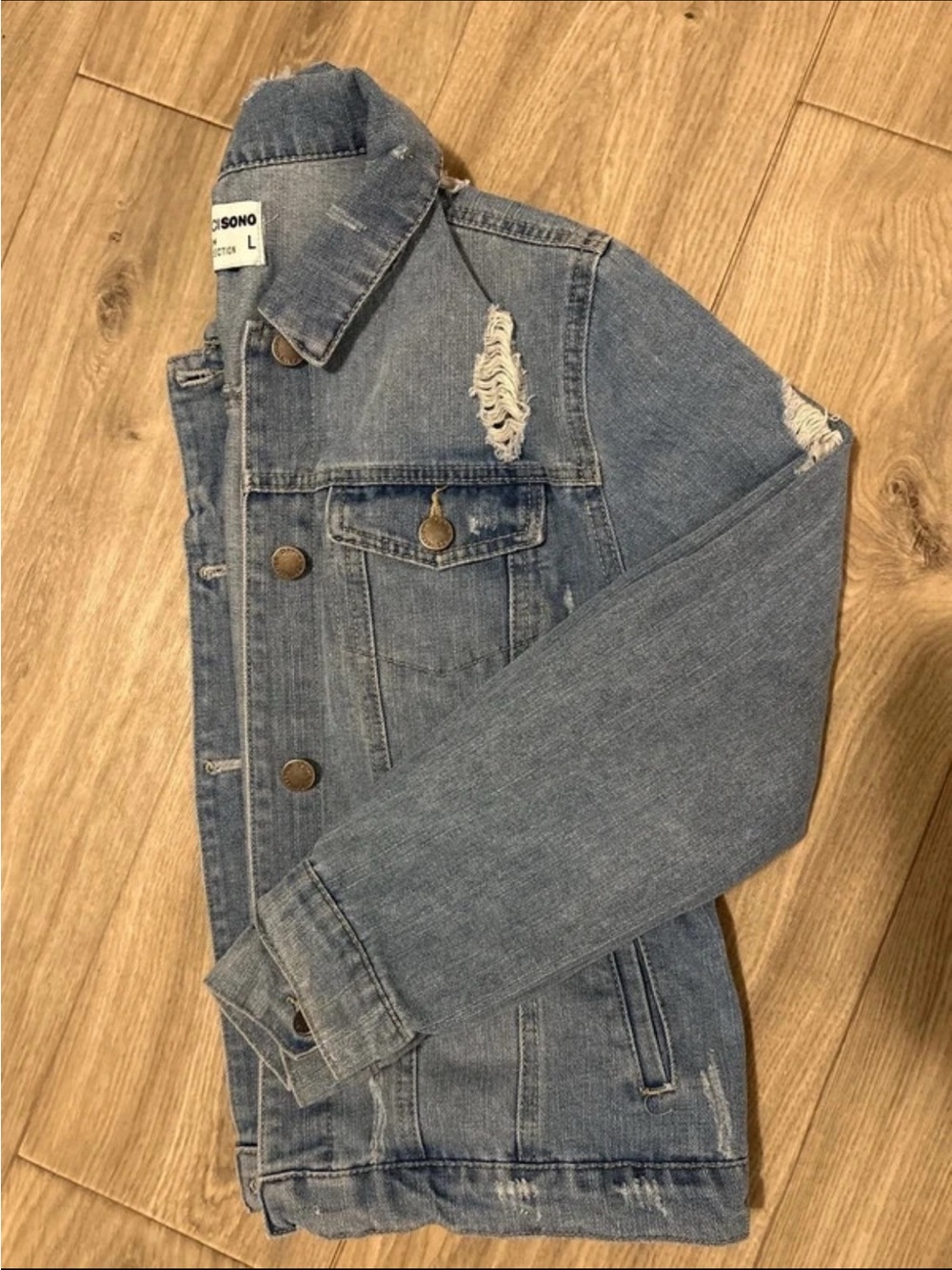Ci Sono Women's Distressed Light Blue Denim Jacket